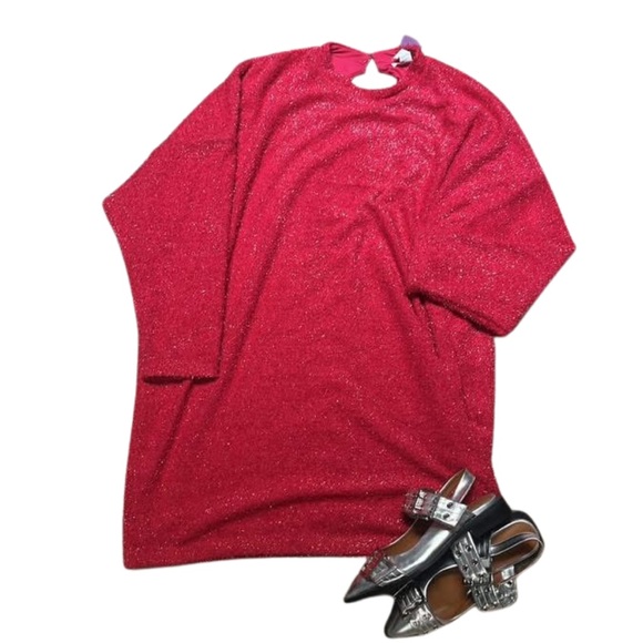 H&M Pink Sparkly Glitter Metallic Long Sleeve Cutout Mini Sweater Dress Size Xlg - Picture 1 of 8